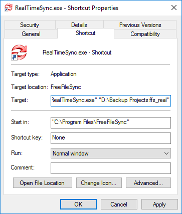 Shortcut properties