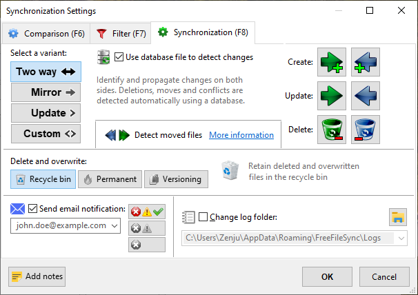 Synchronization settings dialog